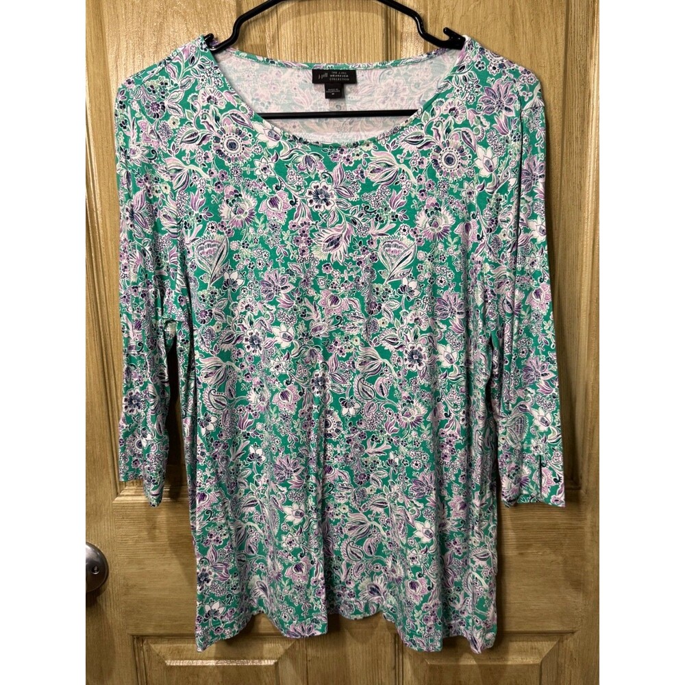 J JILL Wearever Floral Print 3/4 Sleeve Knit Top Blouse Medium